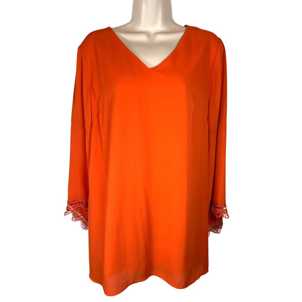 Neiman Marcus Solid Orange V-Neck Crochet Lace Sleeve Blouse Women’s Size Medium
